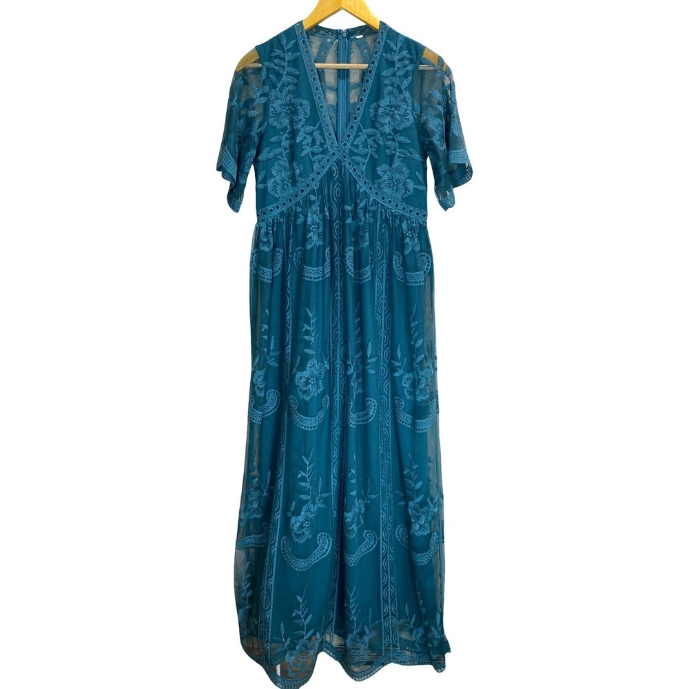 Boho Lace Embroidered‎ Maxi Dress Teal Sheer Back Mesh Overlay Empire Waist  M